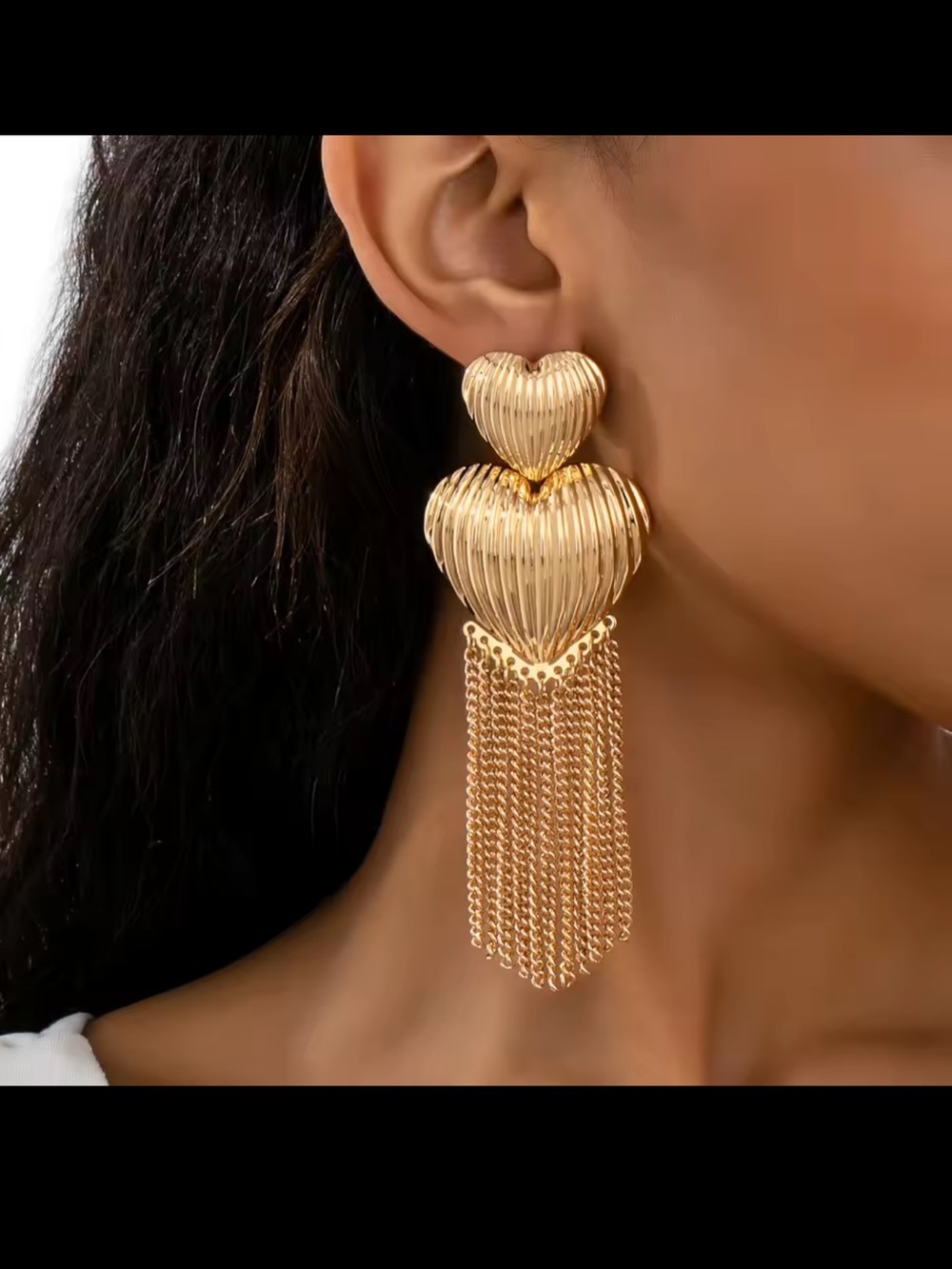 Gold Heart Tassel Drop Earrings - Picture 7 of 9